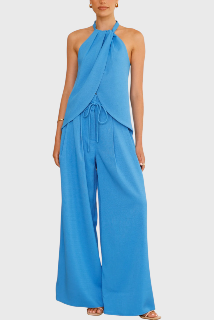 Front Neckline Top with Wide Leg Pants in Blue