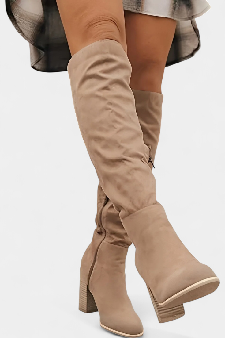 Women's Chunky Heeled Round Toe Boots in Apricot