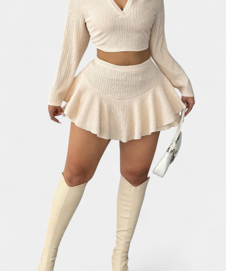 Long Sleeve Contemporary Ensemble with Ruffled Skirt in Beige