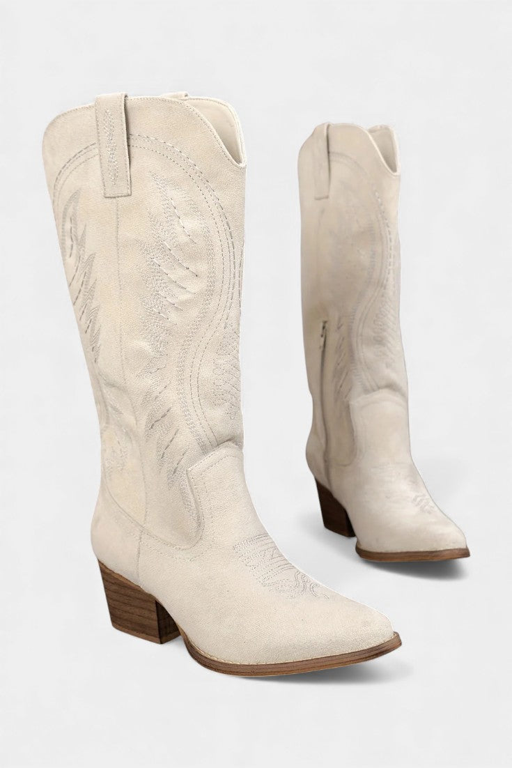 Suede Eusty Cowboy Boots with Block Heel in White