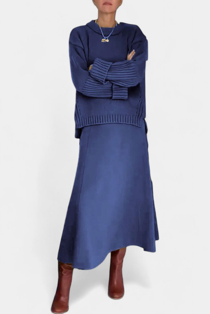 High Neck Sweater and Ribbed Maxi Skirt Set in Blue
