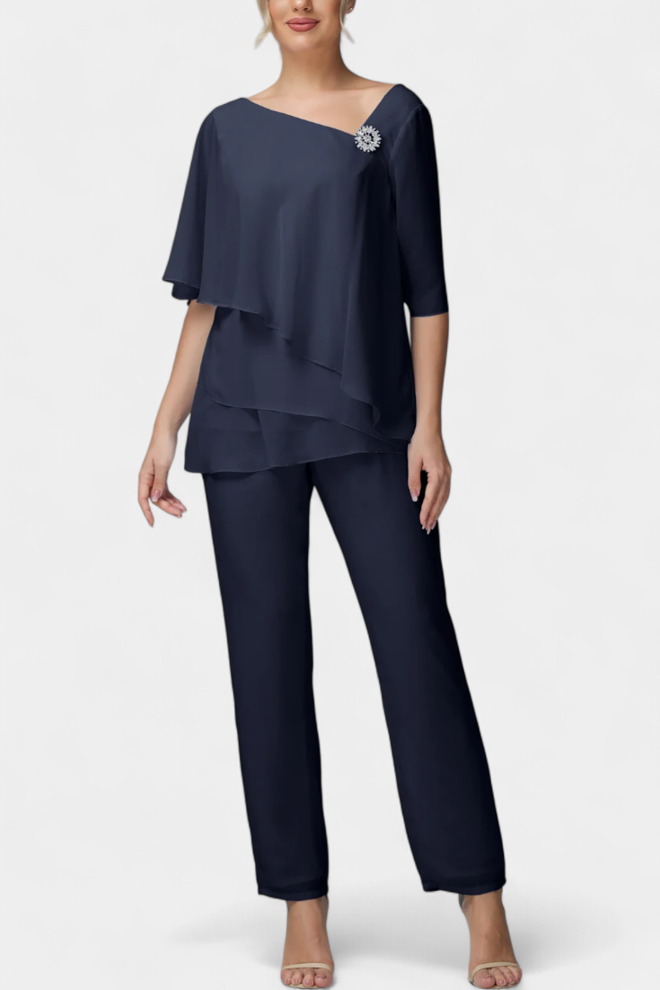 Sleeveless Top with High-Waisted Fluid Leg Pants Set in Navy Blue