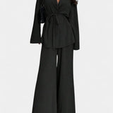 Women's V-Neck Blazer and Flared Pants Set, photo 4