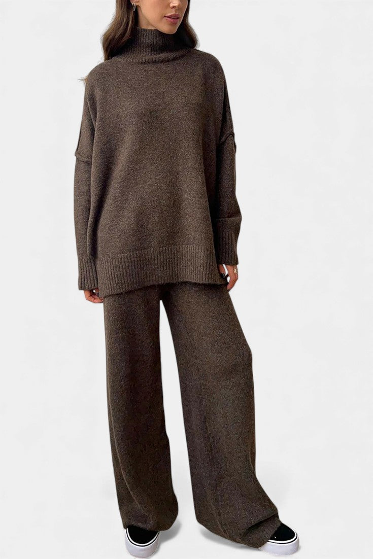 Turtleneck Knit Set with Wide-Leg Pants in Dark Brown