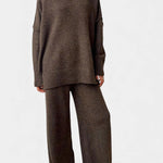 Turtleneck Knit Set with Wide-Leg Pants in Dark Brown