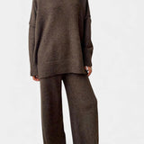 Turtleneck Knit Set with Wide-Leg Pants in Dark Brown
