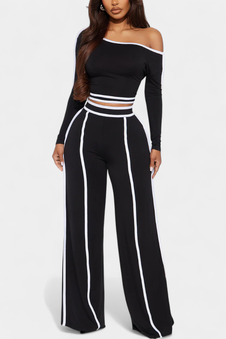 Off-Shoulder Set with Bold Striped Accents in Black