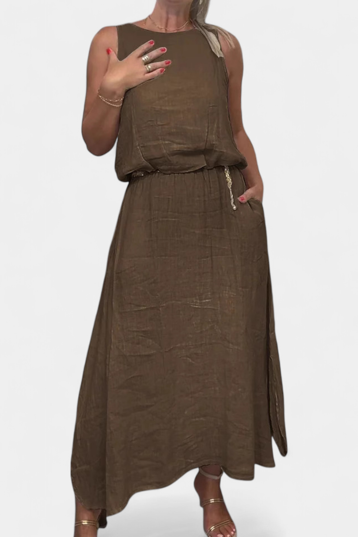 Linen-Cotton Set with Sleeveless Vest and Maxi Skirt in Brown