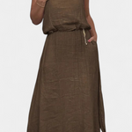 Linen-Cotton Set with Sleeveless Vest and Maxi Skirt in Brown