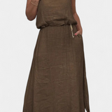 Linen-Cotton Set with Sleeveless Vest and Maxi Skirt in Brown