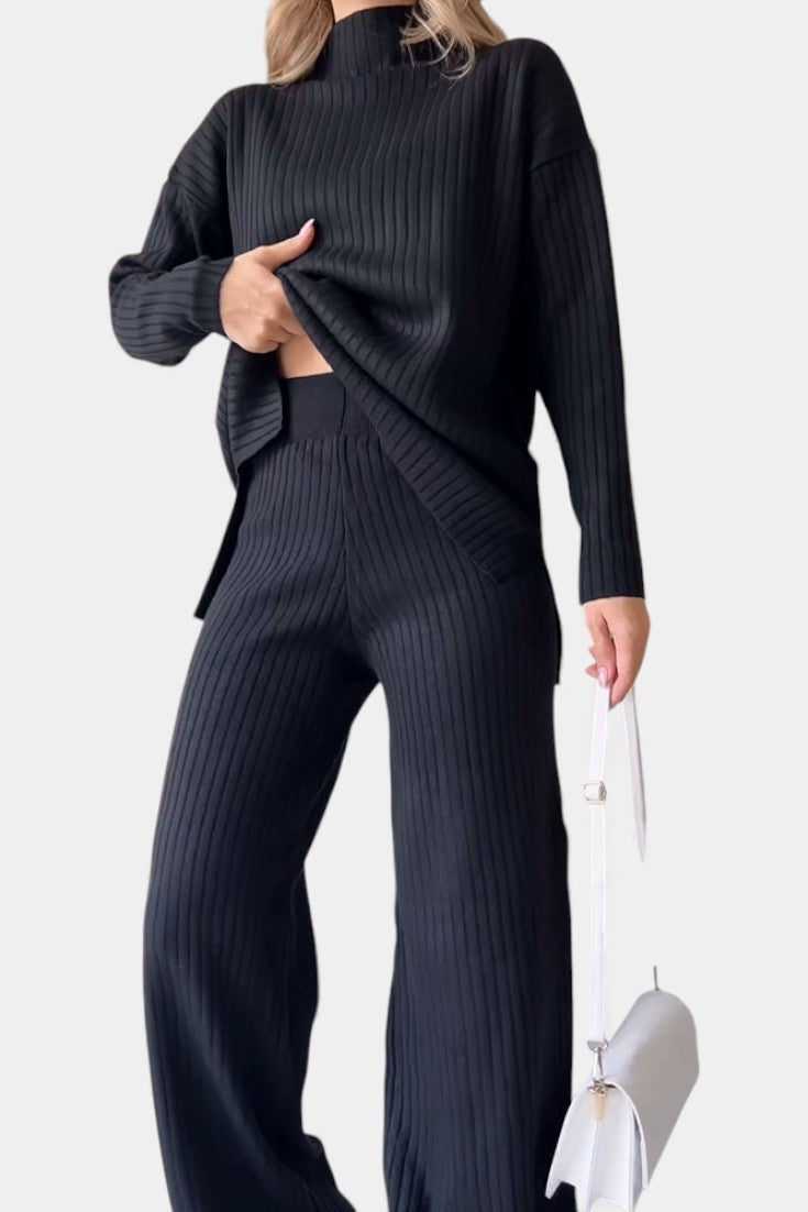 Stylish Casual Knit Set with Side Slit in Black