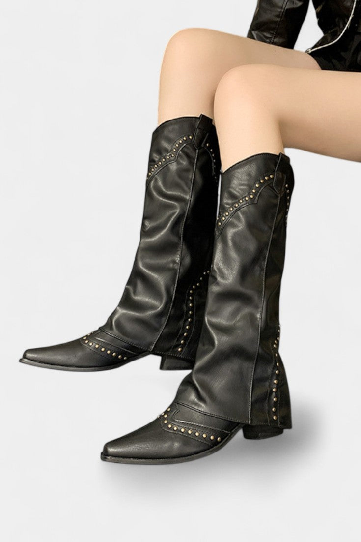 Pointed Toe High Heeled Boots with Vintage Metallic Accents in Black