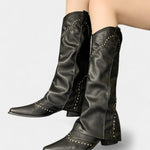 Pointed Toe High Heeled Boots with Vintage Metallic Accents in Black