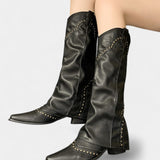 Pointed Toe High Heeled Boots with Vintage Metallic Accents in Black