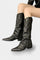 Pointed Toe High Heeled Boots with Vintage Metallic Accents in Black