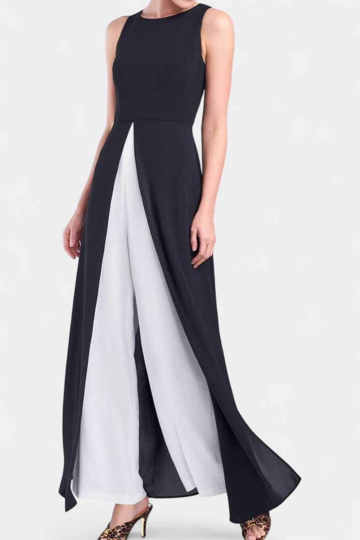 Two-Tone Sleeveless Layered Long Set with Flared Pants