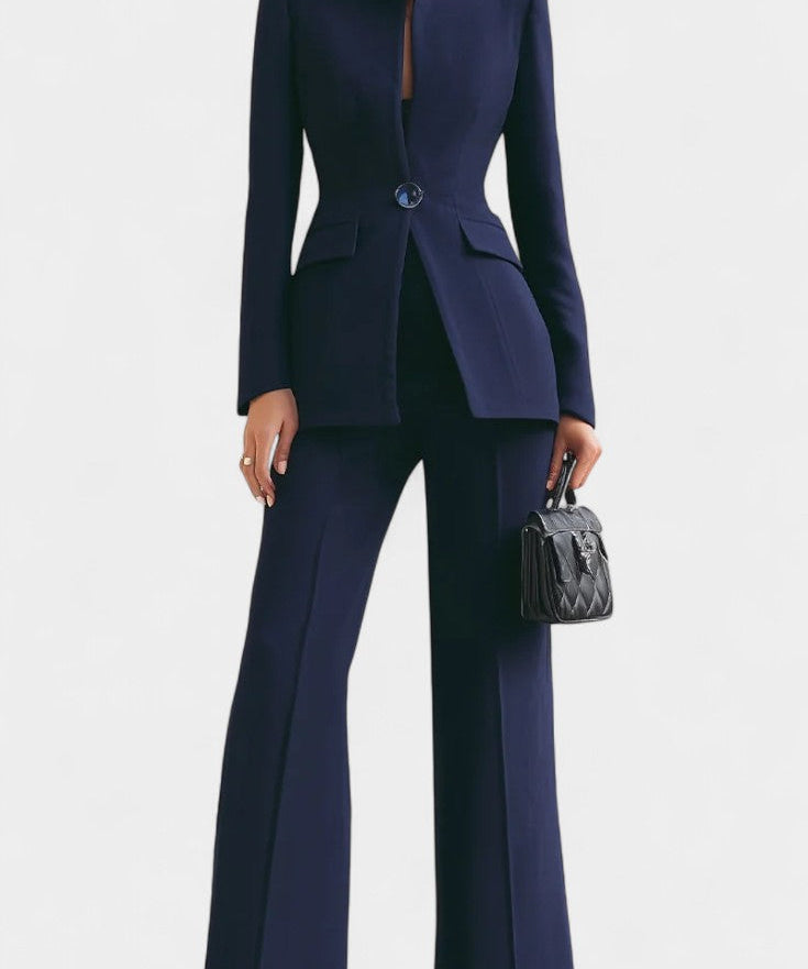 High-Collar Two-Piece Wide-Leg Set in Blue