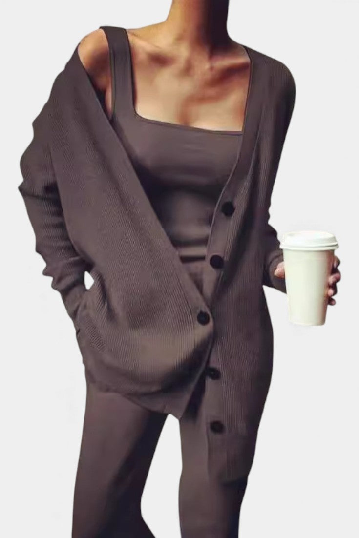 Women's Cozy Knit Three-Piece Ensemble in Brown