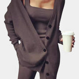 Women's Cozy Knit Three-Piece Ensemble in Brown