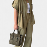 Relaxed Fit Two-Piece Linen and Cotton Set in Military Green