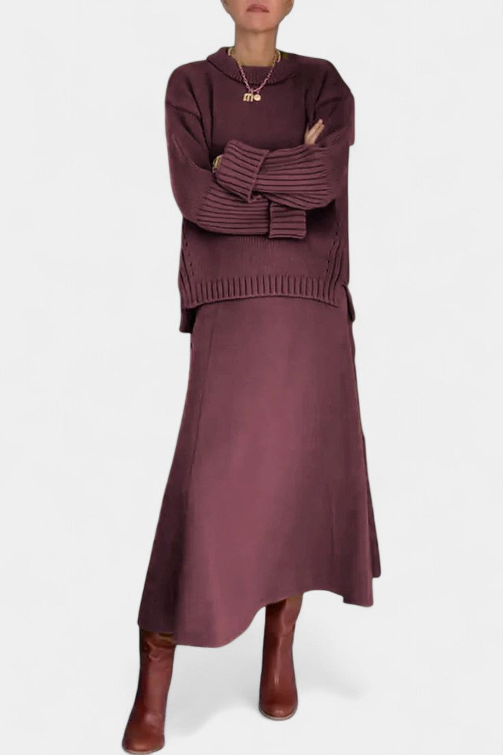 High Neck Sweater and Ribbed Maxi Skirt Set in Red