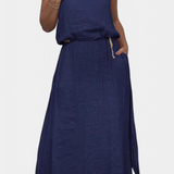 Linen-Cotton Set with Sleeveless Vest and Maxi Skirt in Blue