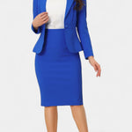 Chic Blazer and Pencil Skirt Ensemble with Notched Collar in Blue