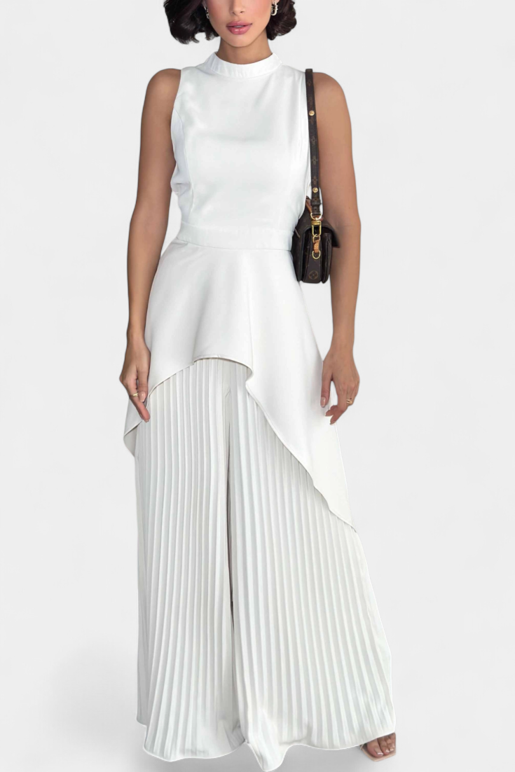 Asymmetrical Sleeveless Outfit with Pleated Pants in White