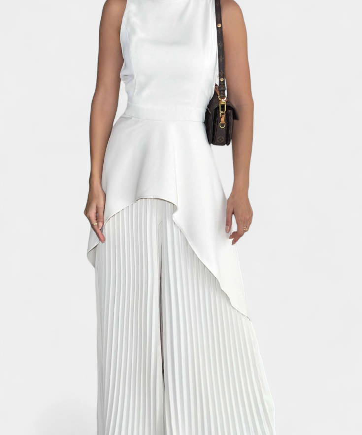 Asymmetrical Sleeveless Outfit with Pleated Pants in White