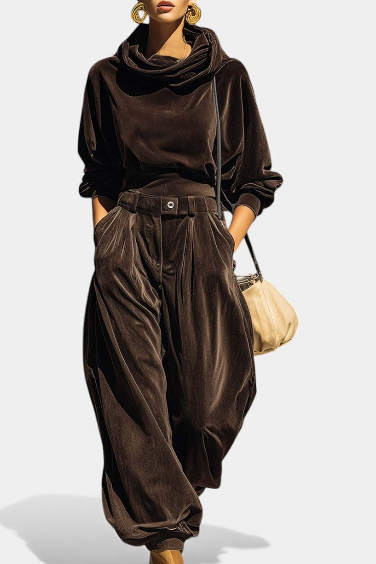 Vintage Brown Velvet Hooded Ensemble with Relaxed Pants