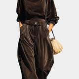 Vintage Brown Velvet Hooded Ensemble with Relaxed Pants