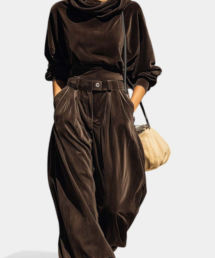 Vintage Brown Velvet Hooded Ensemble with Relaxed Pants