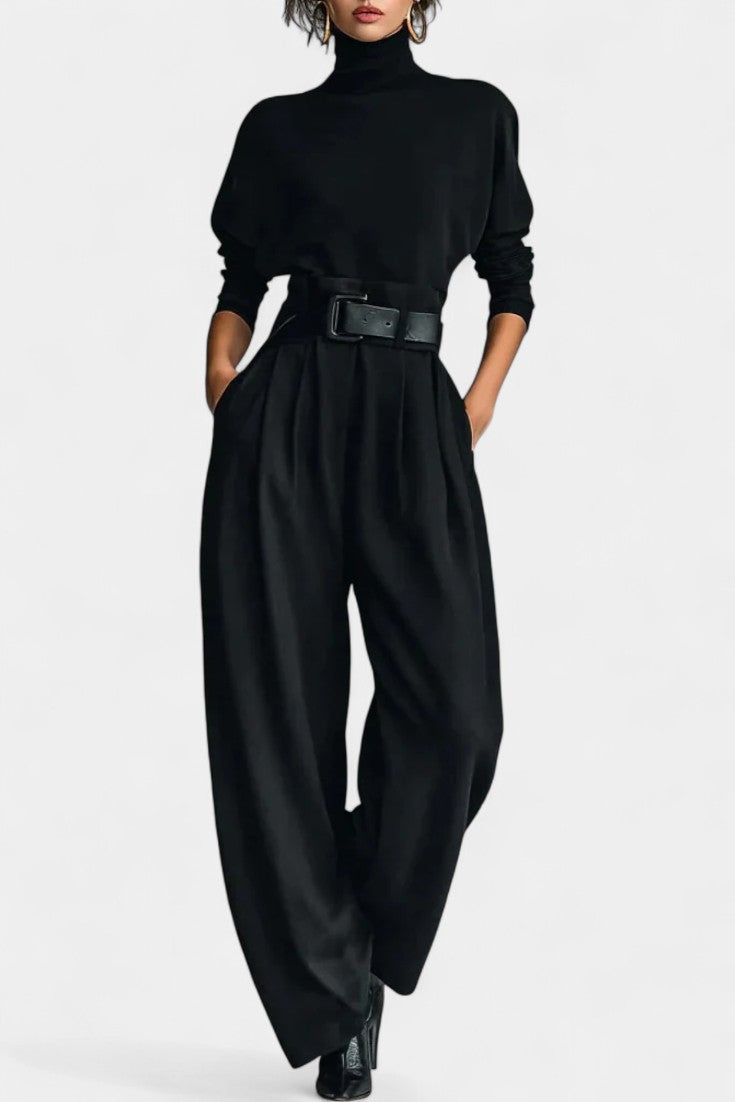 Black High Collar Ensemble with Straight Leg Pants