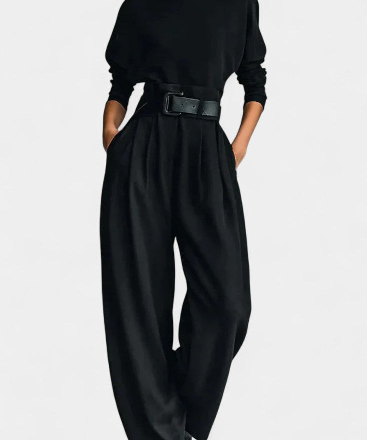 Black High Collar Ensemble with Straight Leg Pants
