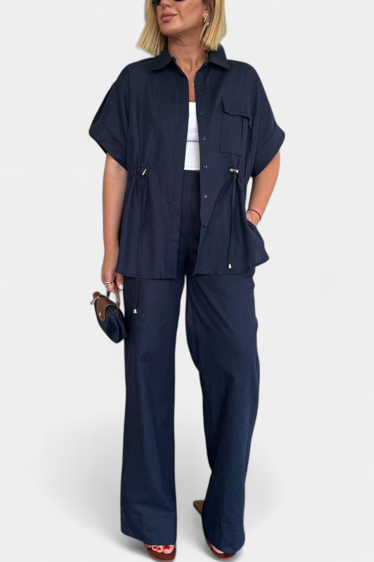 Relaxed Fit Two-Piece Linen and Cotton Set in Navy