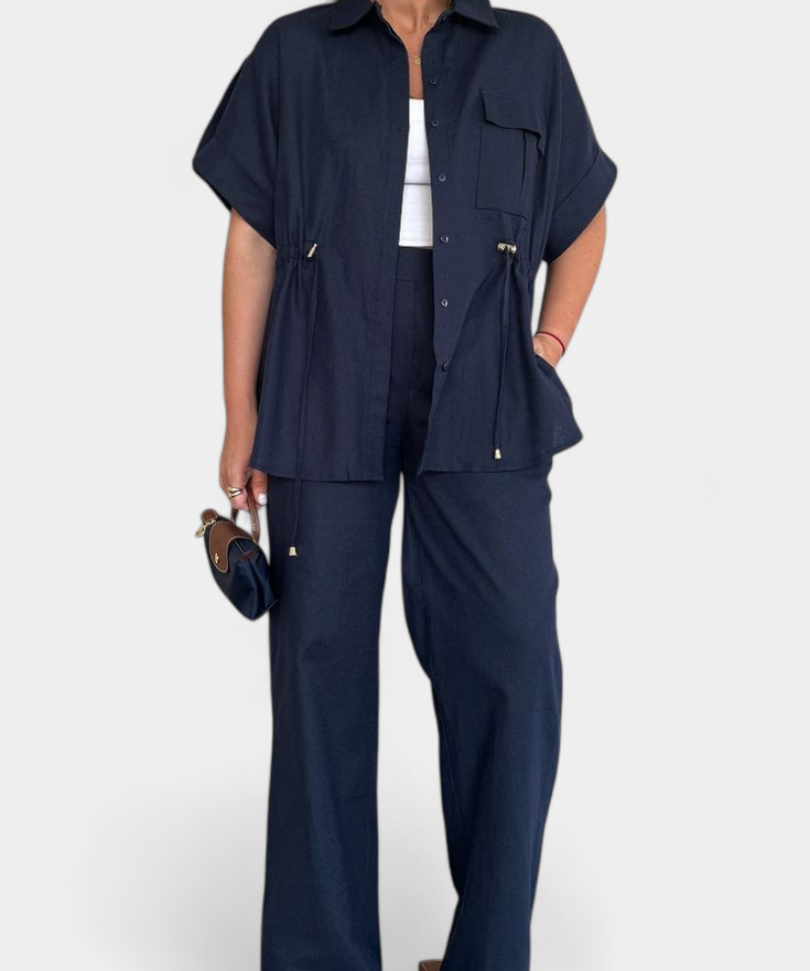 Relaxed Fit Two-Piece Linen and Cotton Set in Navy