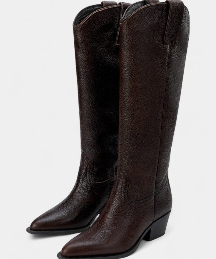 Brown Leather Equestrian Boots, Low Heel
