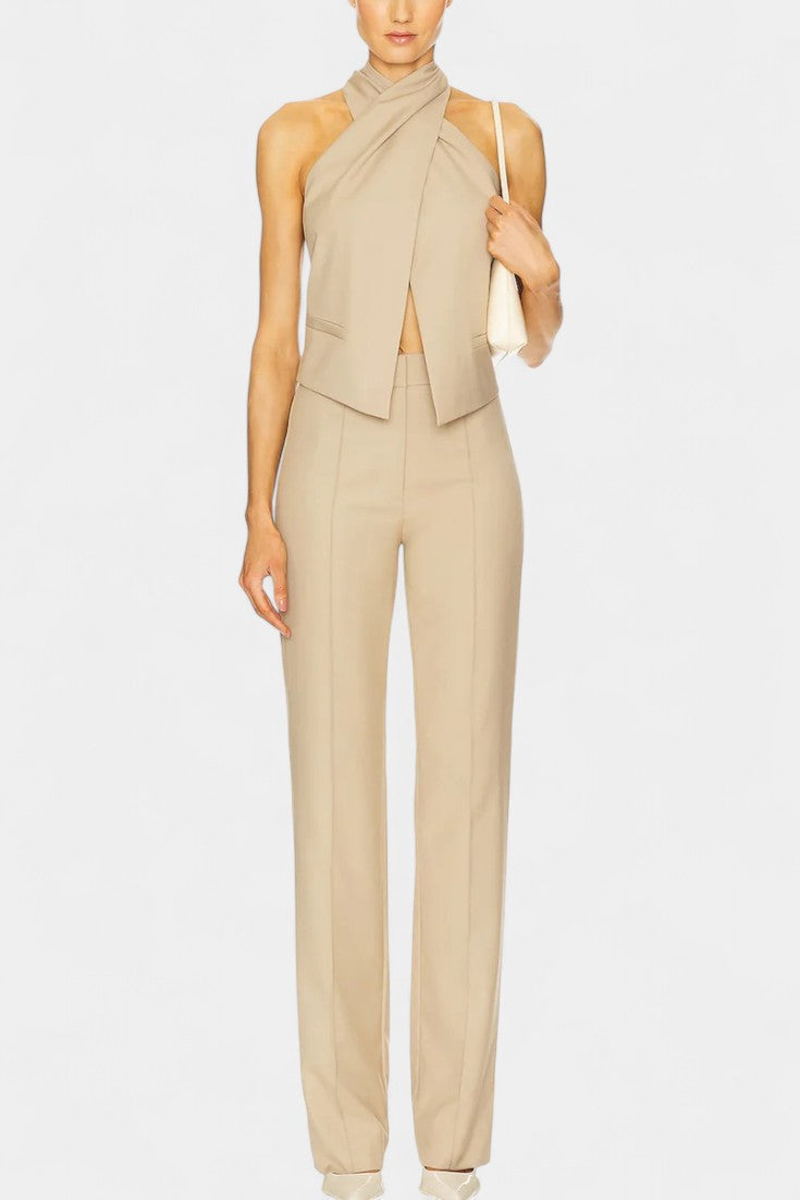 Cross-Strap Ensemble with Chic Straight-Leg Pants in Dune