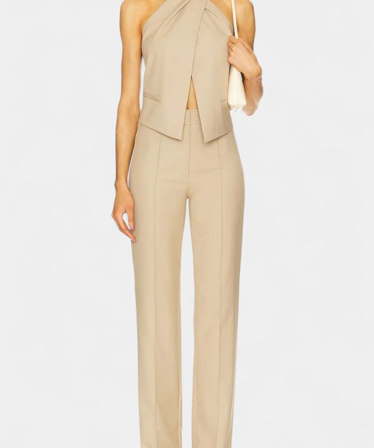 Cross-Strap Ensemble with Chic Straight-Leg Pants in Dune