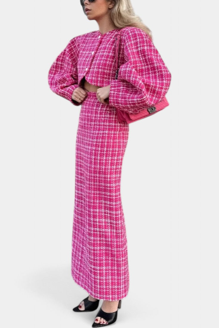 Women's Blazer and Plaid Tweed Skirt Set in Rose Red