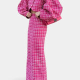 Women's Blazer and Plaid Tweed Skirt Set in Rose Red
