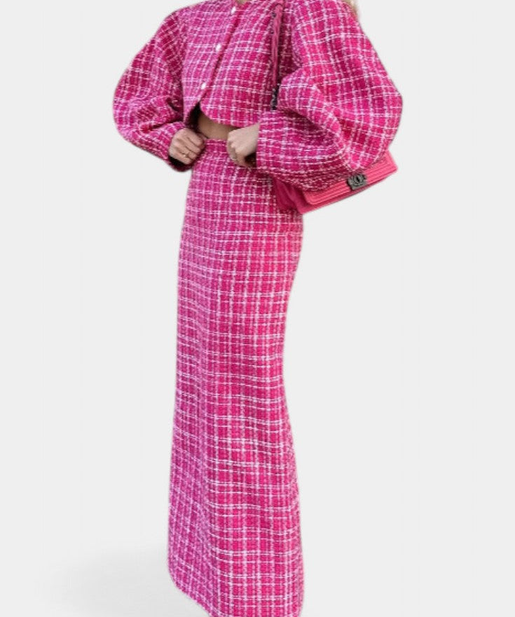 Women's Blazer and Plaid Tweed Skirt Set in Rose Red
