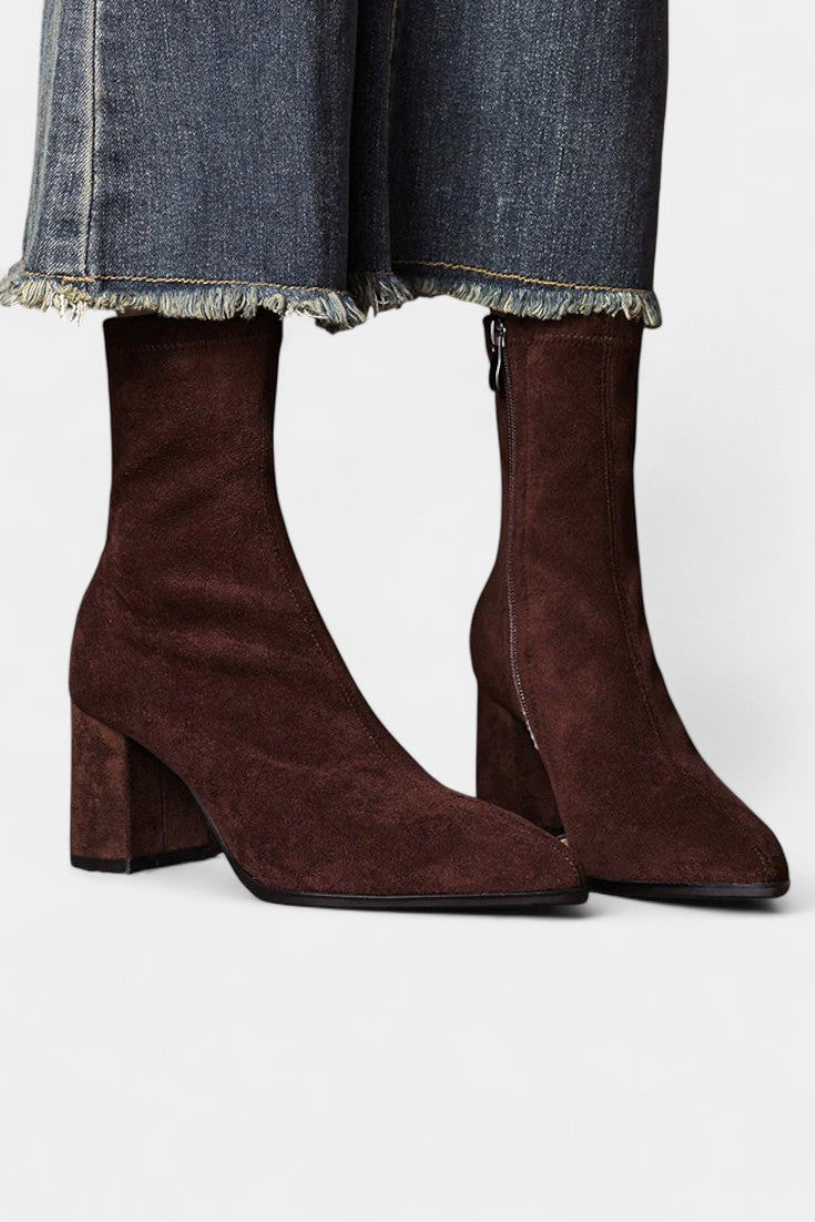 Pointed Toe Ankle Boots with Block Heel in Brown