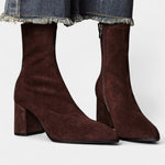 Pointed Toe Ankle Boots with Block Heel in Brown