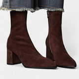 Pointed Toe Ankle Boots with Block Heel in Brown