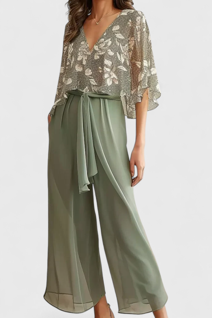 Women's V-Neck Top and Wide Leg Pants Set in Green