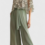 Women's V-Neck Top and Wide Leg Pants Set in Green