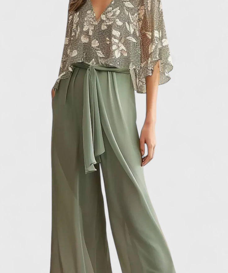 Women's V-Neck Top and Wide Leg Pants Set in Green