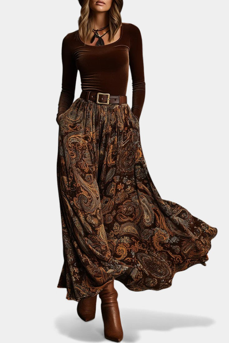 Vintage Stretch Velvet Ensemble with Paisley Maxi Skirt in Brown