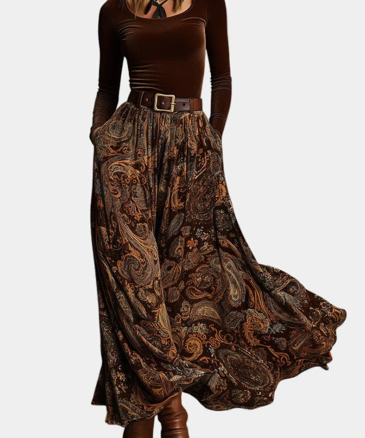 Vintage Stretch Velvet Ensemble with Paisley Maxi Skirt in Brown